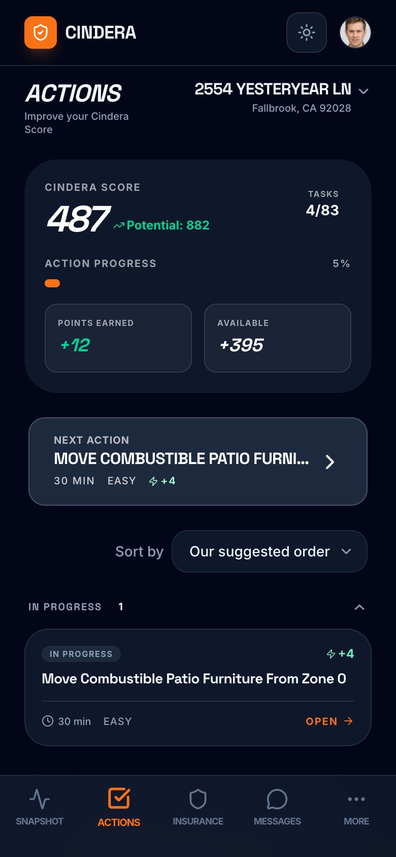 Cindera app showing a prioritized action plan for a home