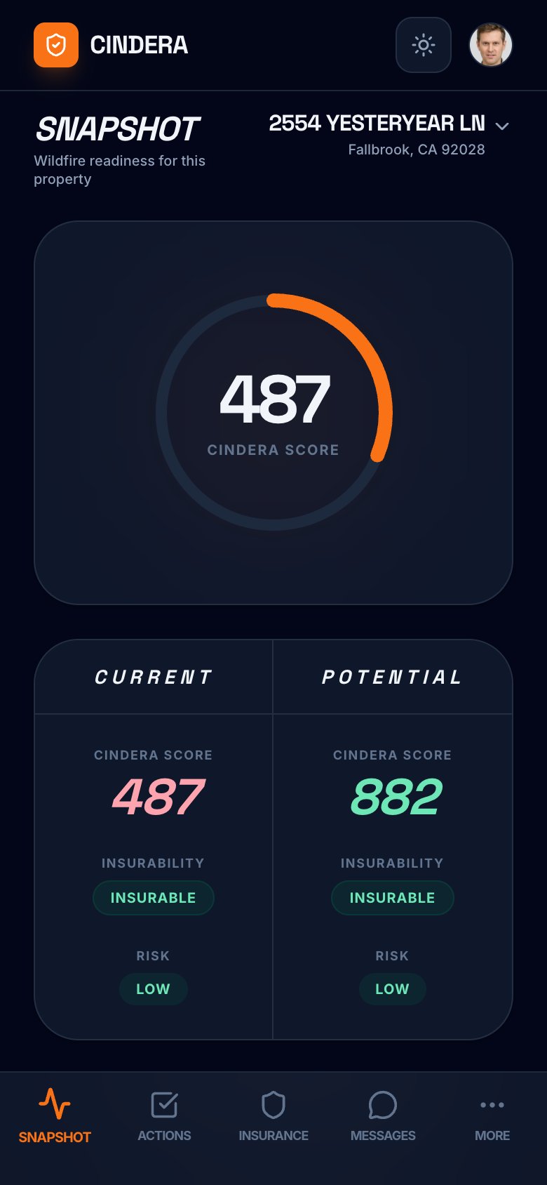 Homeowner dashboard with Cindera Score and personalized wildfire action plan