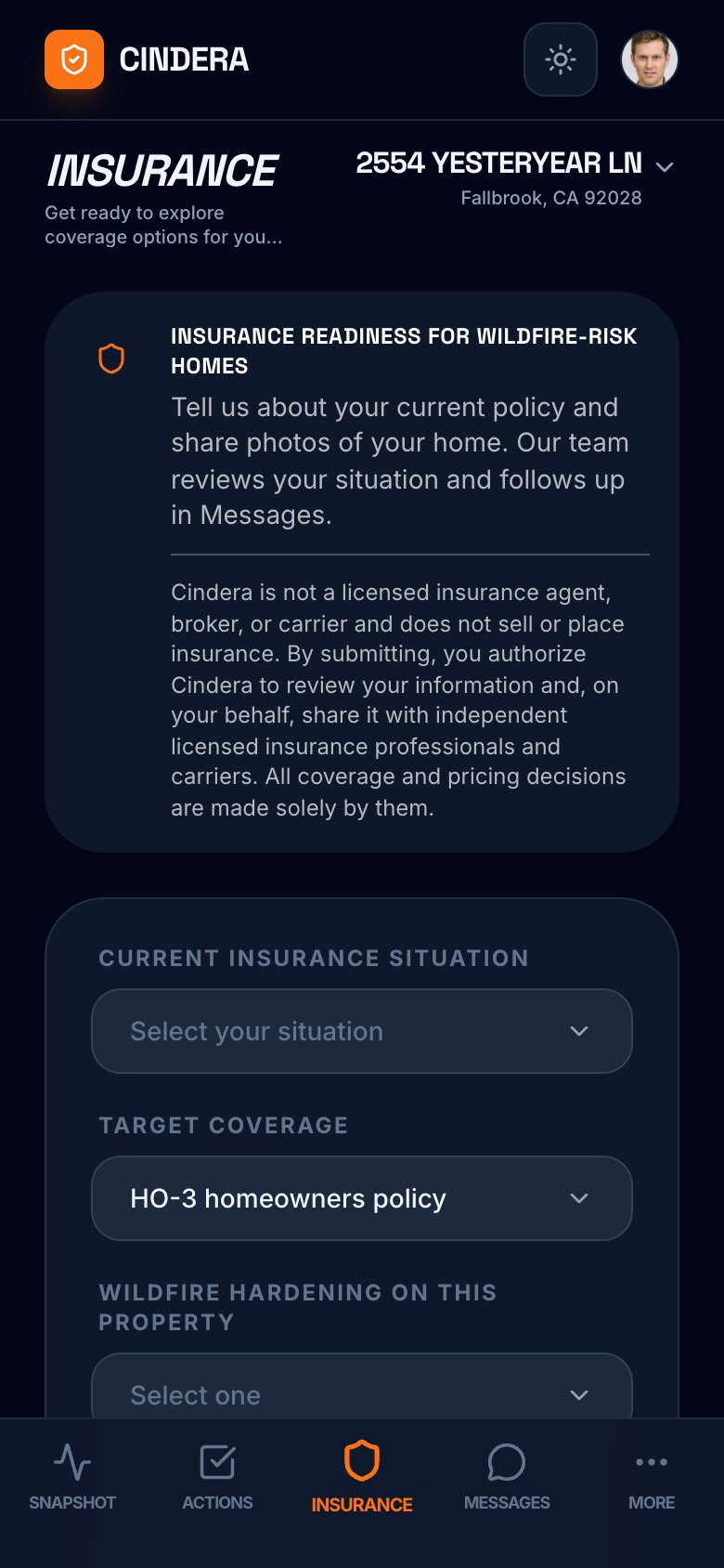 Cindera app insurance intake with hardening details and coverage goals