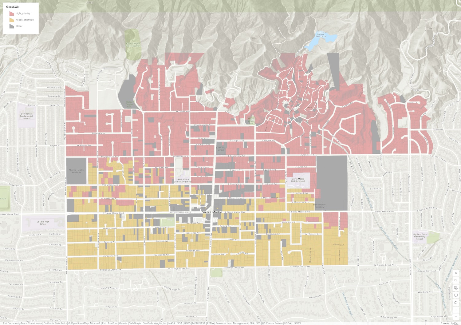 Cindera parcel readiness layer in ArcGIS Online for Sierra Madre, California, styled by high and medium priority